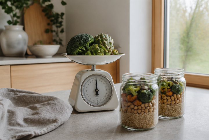 Küchenwaage mit Gemüse und zwei Vorbereitungsgläsern auf der Arbeitsfläche
