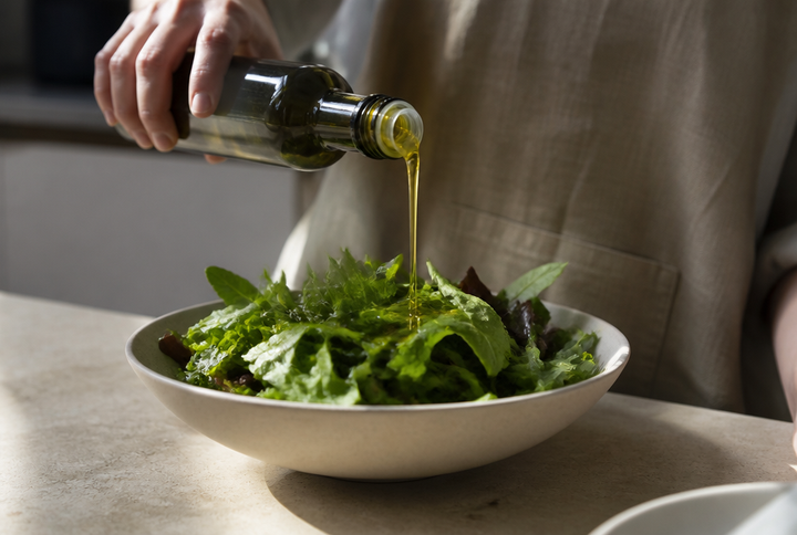 Olivenöl wird über einen Blattsalat gegossen