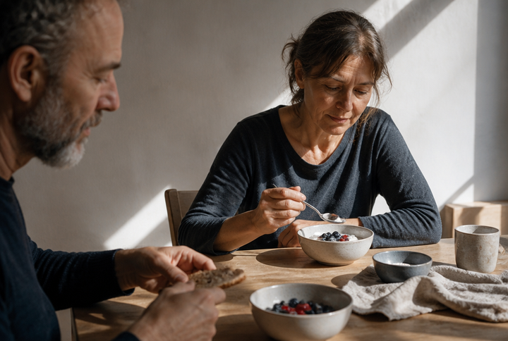 Frühstückstisch mit Joghurt, Beeren und Vollkornbrot