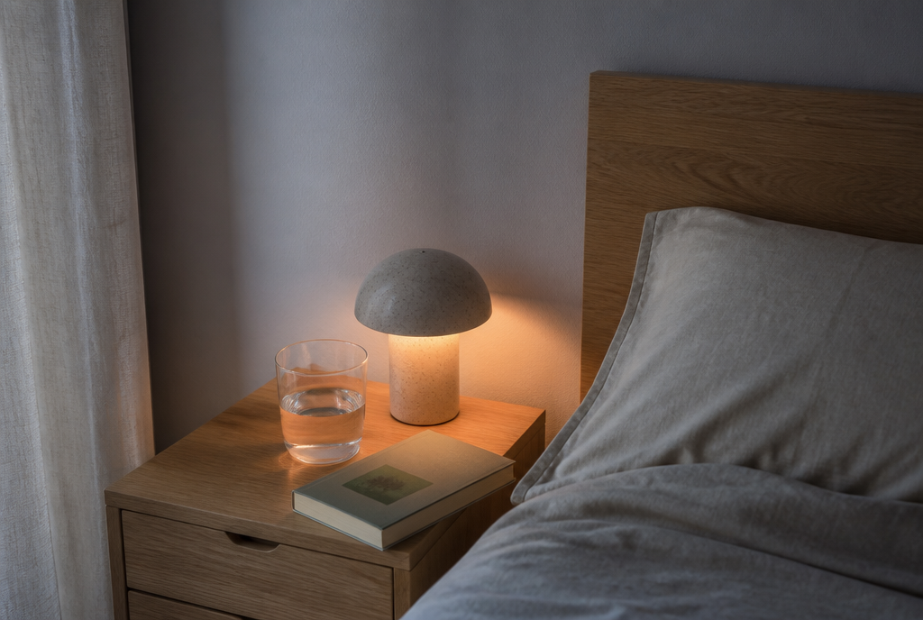 Nachttisch mit Wasserglas, Buch und kleiner Lampe in der Dämmerung