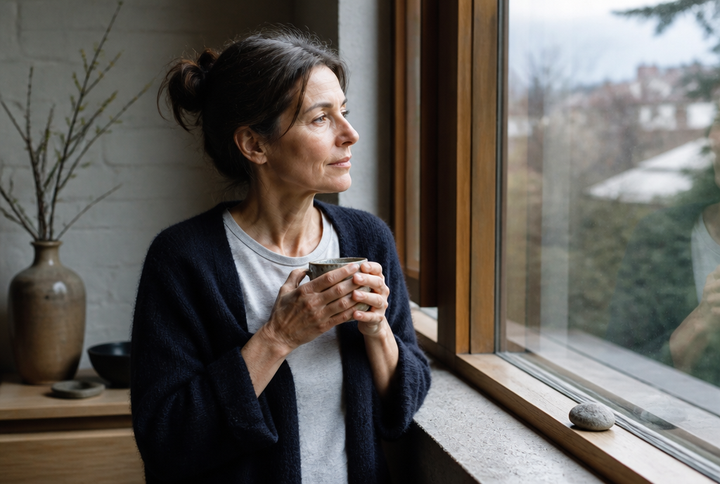 Frau um die fünfzig steht mit einer Tasse Tee am Fenster