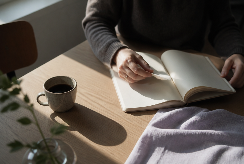 Hände blättern in einem Notizbuch neben einer Tasse Kaffee am Küchentisch