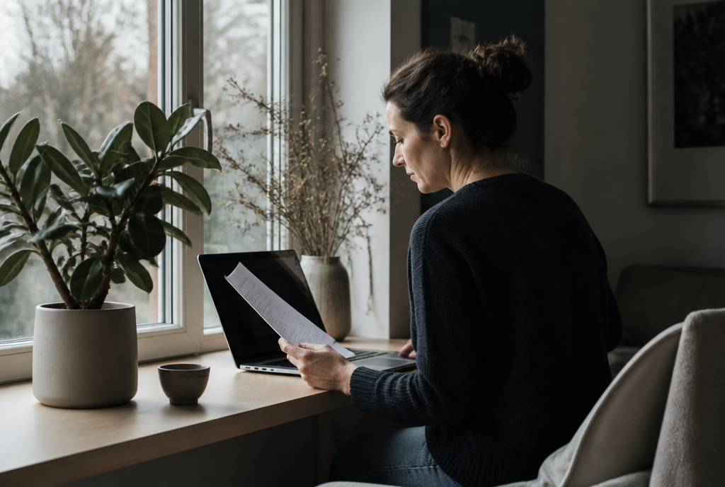 Frau liest am Fenster mit Laptop bei Tageslicht