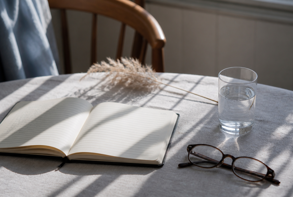 Notizbuch, Brille und Wasserglas auf einer Leinendecke im Morgenlicht