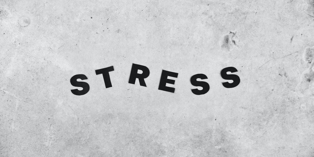 Das Wort "Stress " in schwarzen Grossbuchstaben auf grauem Hintergrund