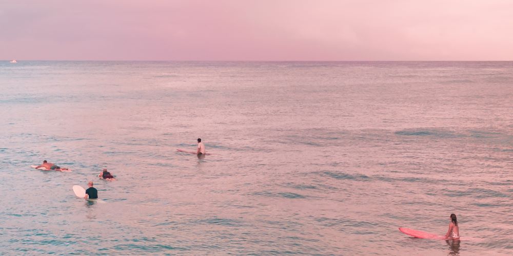 Surfen im pinkigen Sonnenuntergang