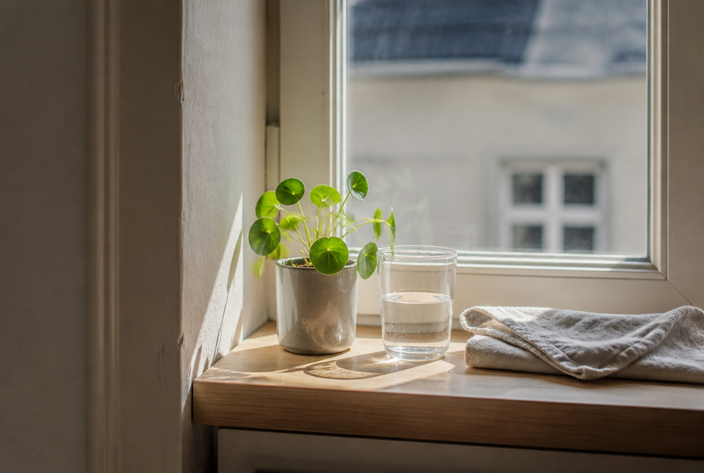 Fensterbank mit kleiner Pflanze, Wasserglas und Leinentuch