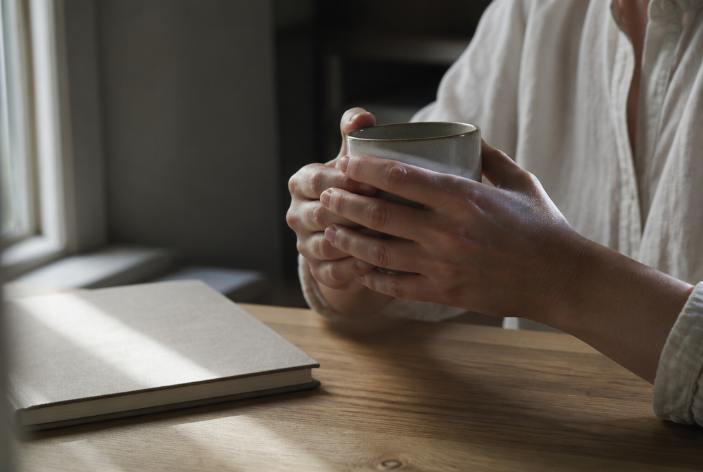 Hände halten eine Keramiktasse über einem Holztisch mit Notizbuch