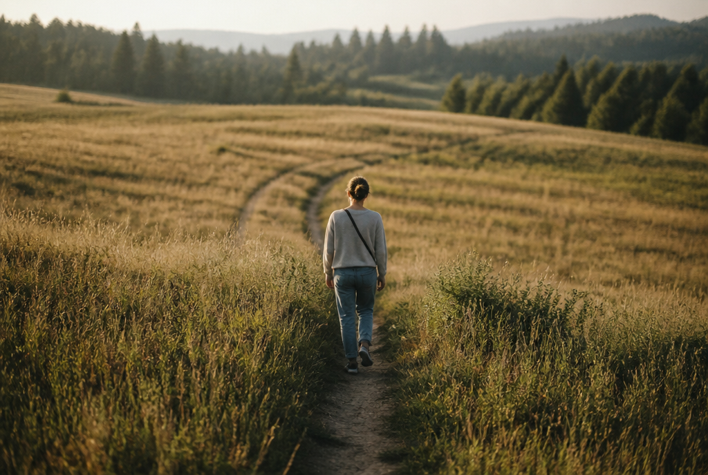 Person geht bei goldenem Abendlicht über einen Feldweg