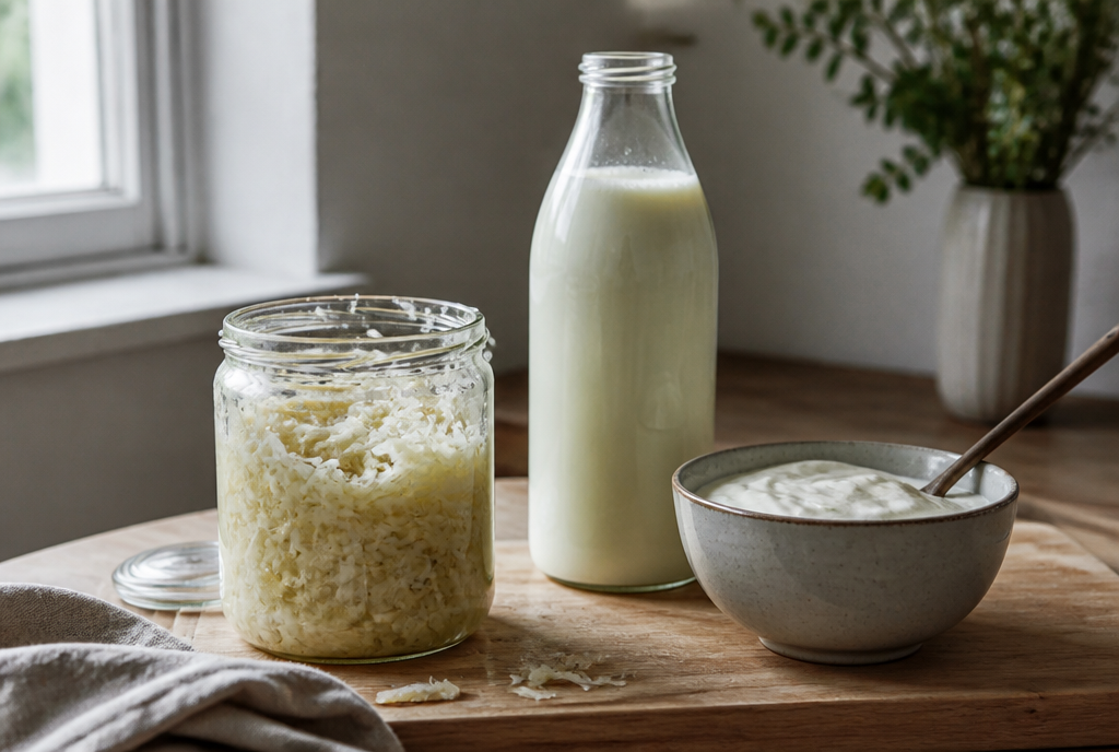 Sauerkrautglas, Kefirflasche und Joghurtschale auf einem Holzbrett