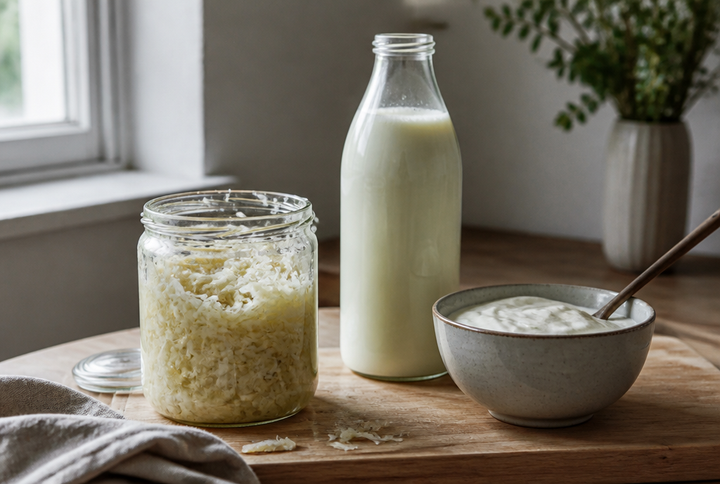 Sauerkrautglas, Kefirflasche und Joghurtschale auf einem Holzbrett