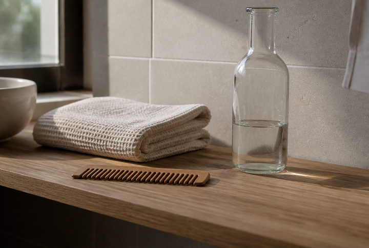 Badezimmerablage mit Handtuch, Holzkamm und Glasflasche im Morgenlicht