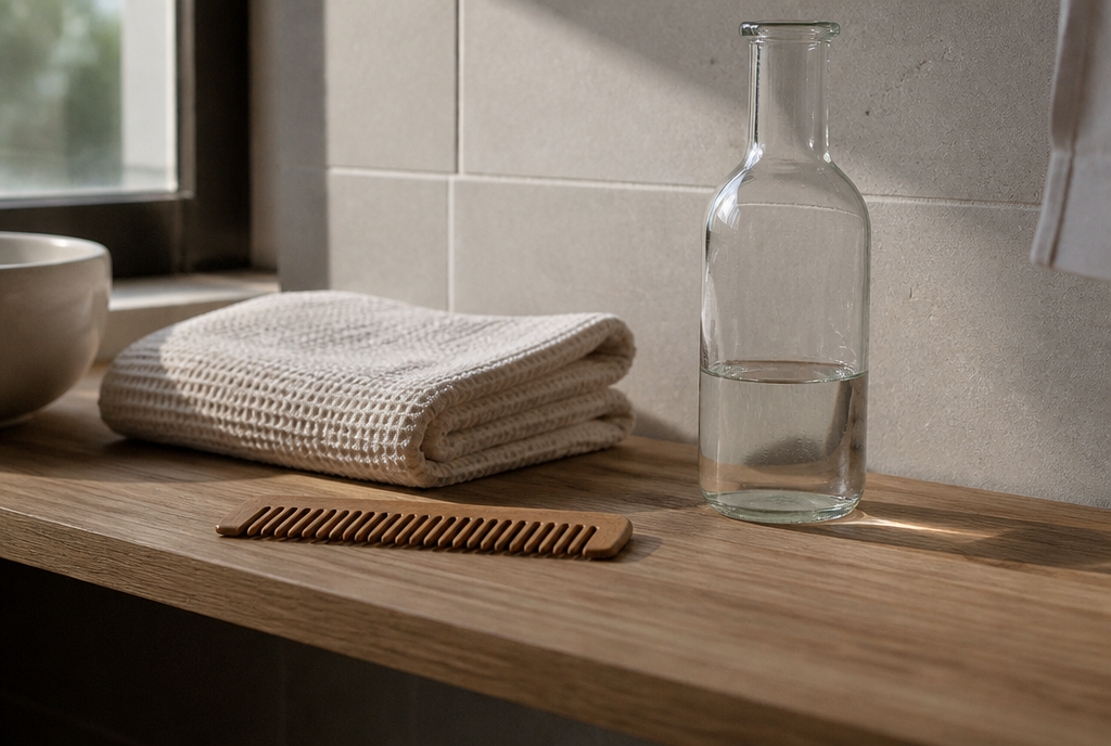Badezimmerablage mit Handtuch, Holzkamm und Glasflasche im Morgenlicht