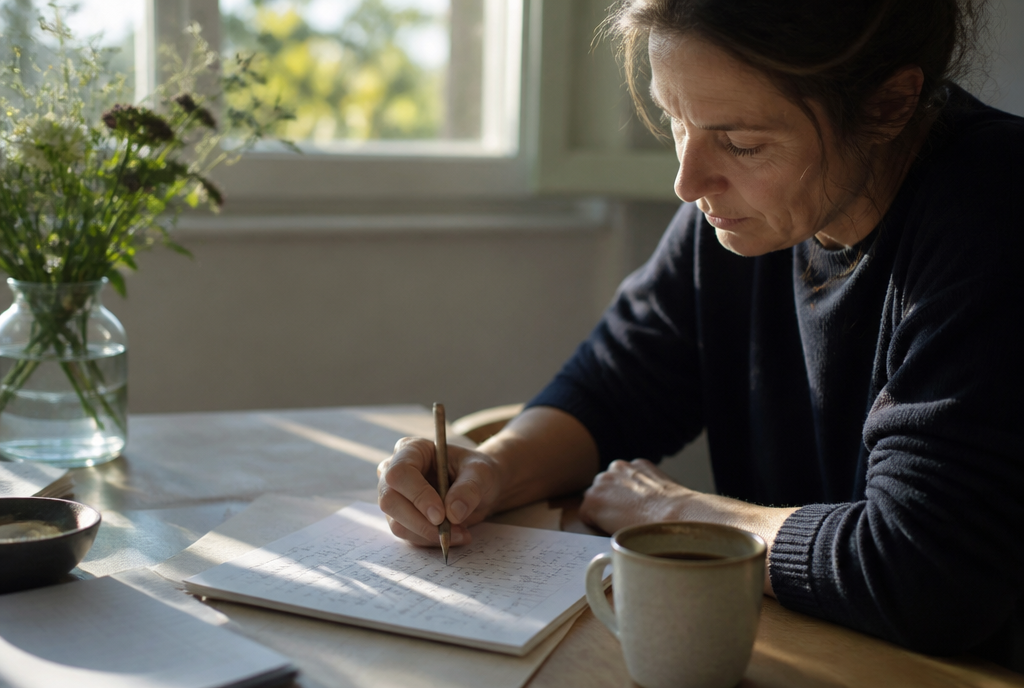 Schreibtisch mit handschriftlichen Notizen, Stift und Kaffeetasse im Morgenlicht