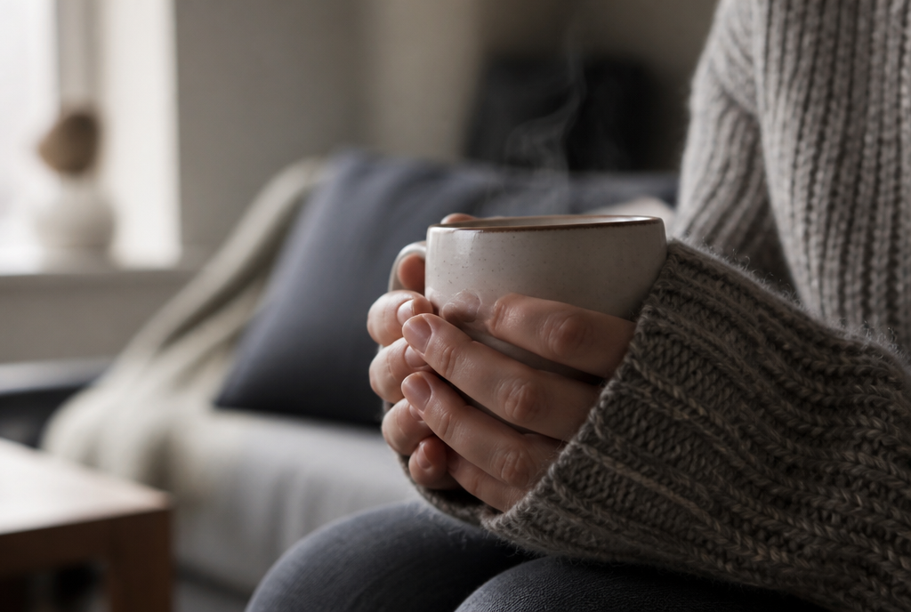 Hände im Strickpullover umschliessen eine dampfende Tasse