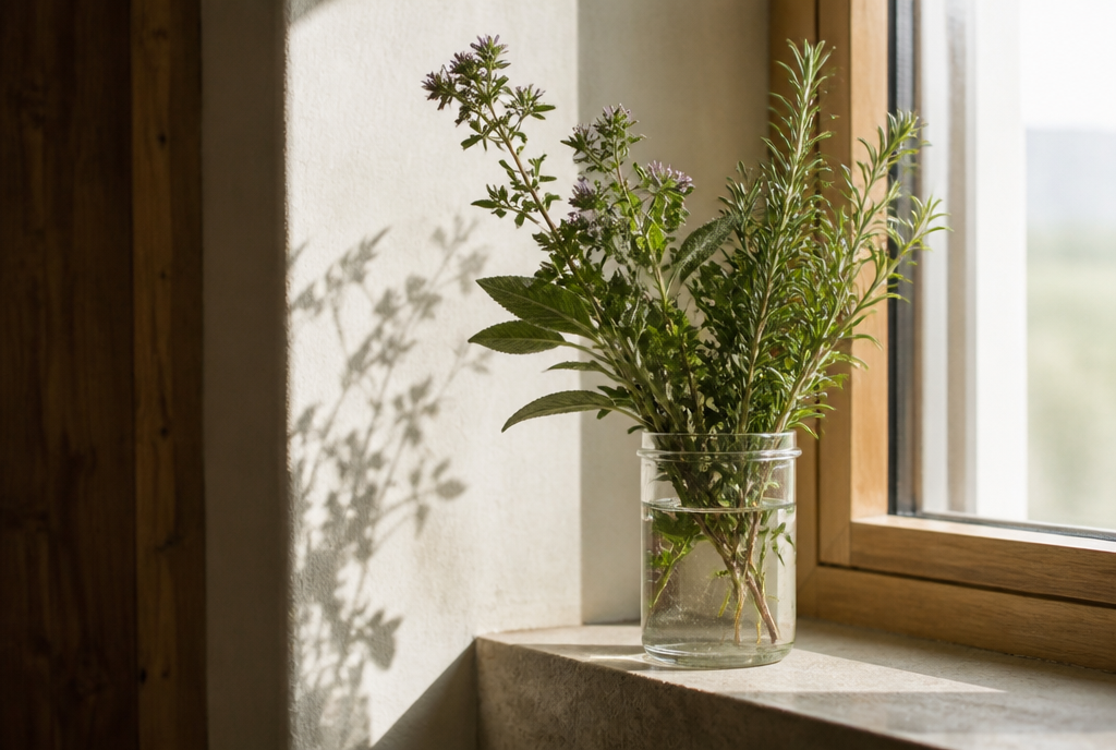 Frische Kräuter in einem Wasserglas auf der Fensterbank