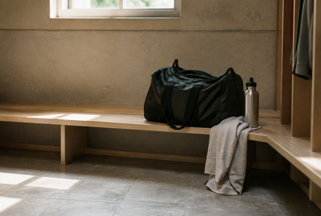 Sporttasche, Trinkflasche und Handtuch auf einer Holzbank