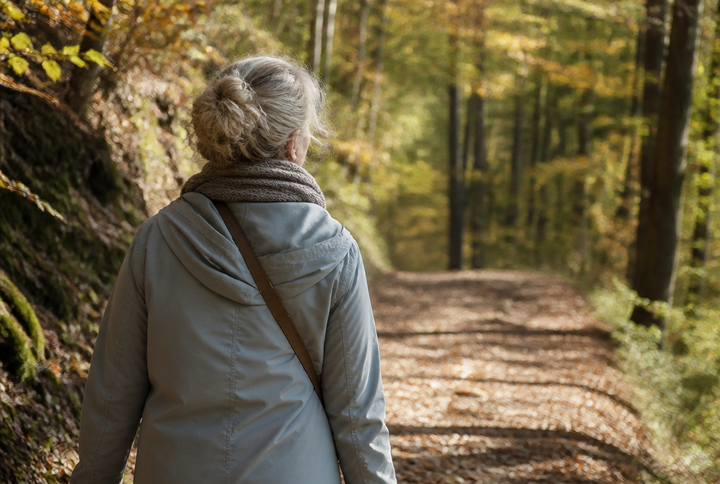 Frau um die fünfzig spaziert auf einem Waldweg im Herbstlicht