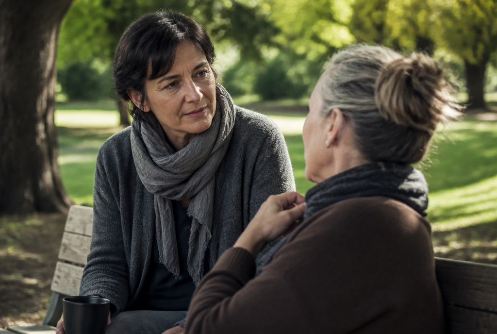 Zwei Frauen um die fünfzig im Gespräch auf einer Parkbank