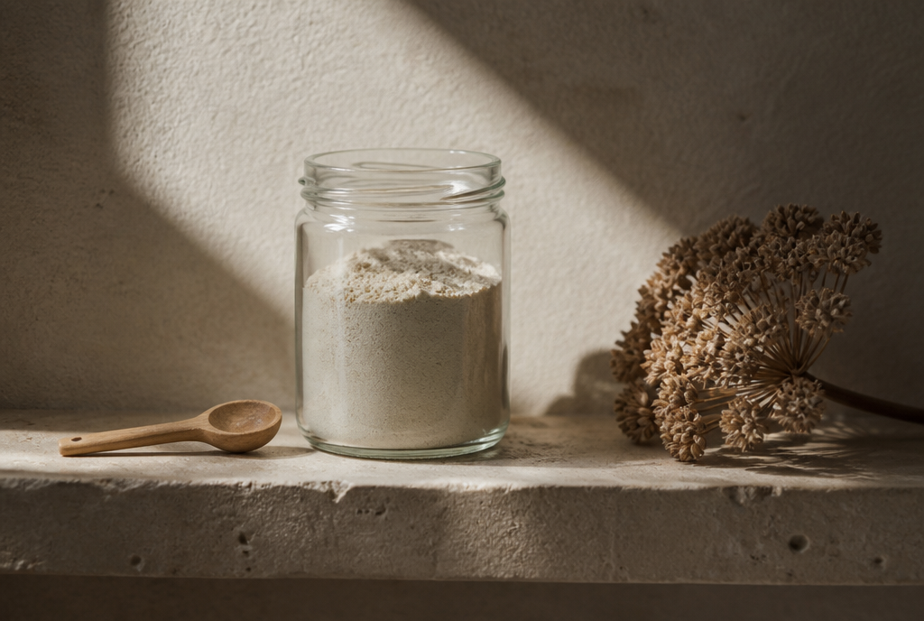 Glas mit hellem Pulver und Holzlöffel auf einer Steinablage