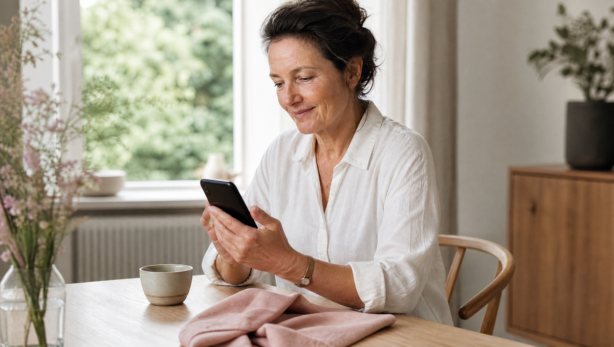 Frau liest ihren Hormonbefund auf dem Smartphone